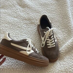 Brown and White Sneakers with Gum Sole